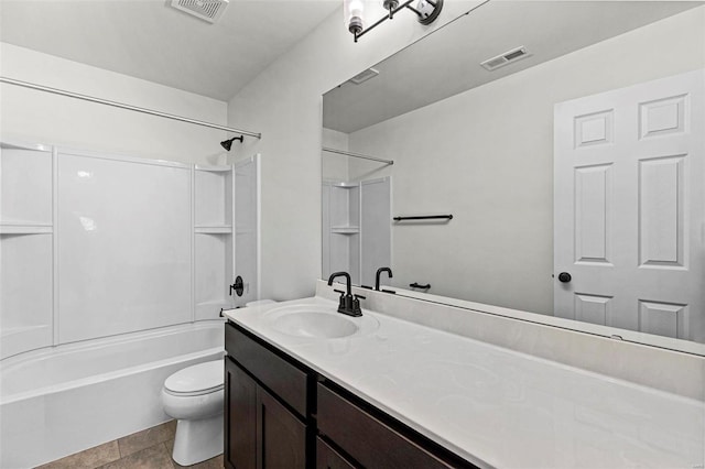 bathroom with toilet, shower / bathtub combination, vanity, and visible vents