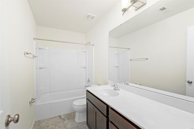 full bathroom with vanity, tub / shower combination, and toilet