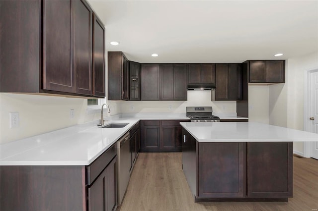 kitchen featuring light wood-type flooring, dark brown cabinets, stainless steel appliances, sink, and a kitchen island