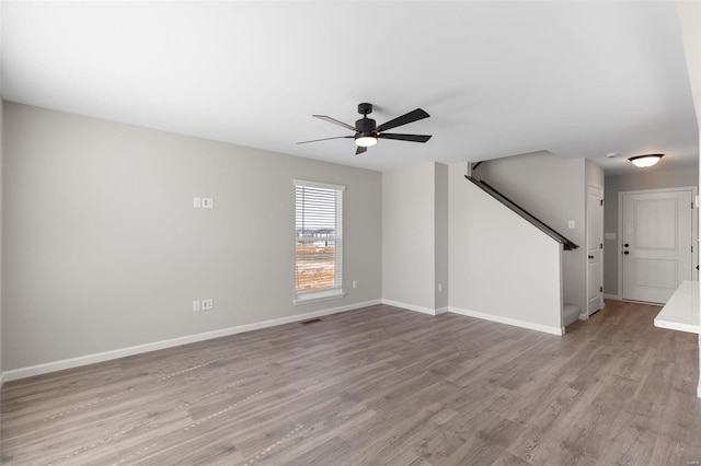 unfurnished living room featuring light wood-type flooring and ceiling fan