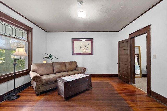 living room with dark hardwood / wood-style flooring, crown molding, and a healthy amount of sunlight