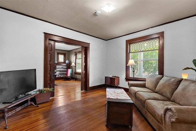 living room featuring dark hardwood / wood-style flooring and ornamental molding