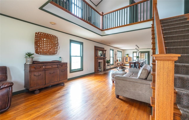 living room with ornamental molding, light wood-type flooring, and a high ceiling