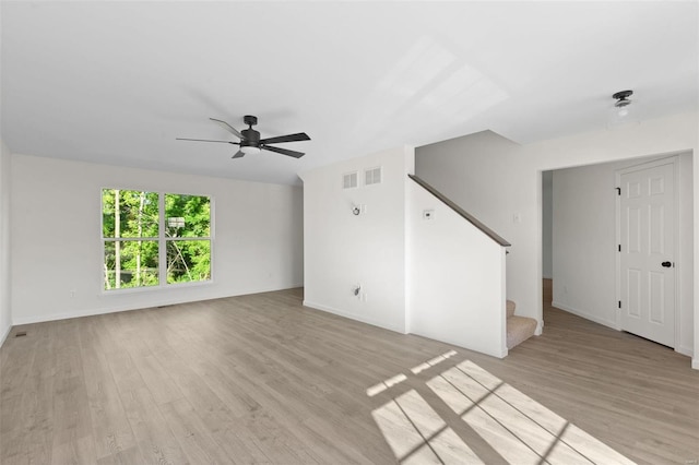 unfurnished living room featuring ceiling fan and light wood-type flooring