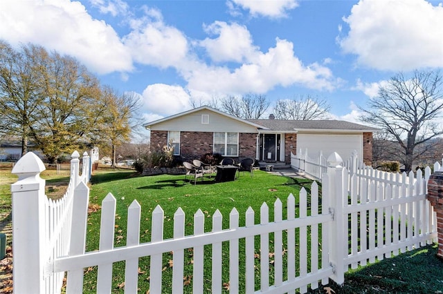 ranch-style house with a garage and a front lawn