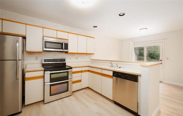 kitchen featuring kitchen peninsula, light hardwood / wood-style flooring, sink, white cabinetry, and stainless steel appliances