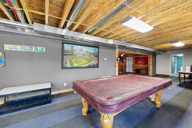 recreation room featuring billiards and wooden ceiling