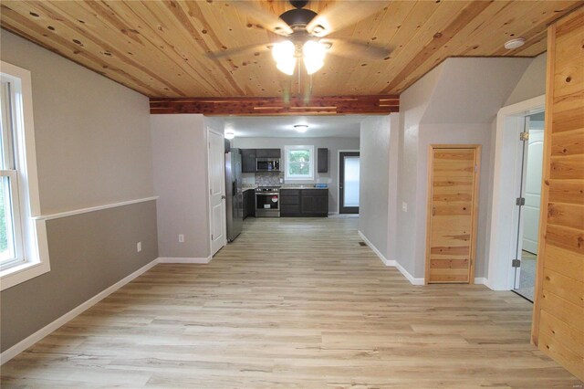 hall featuring beamed ceiling, light hardwood / wood-style flooring, and wooden ceiling