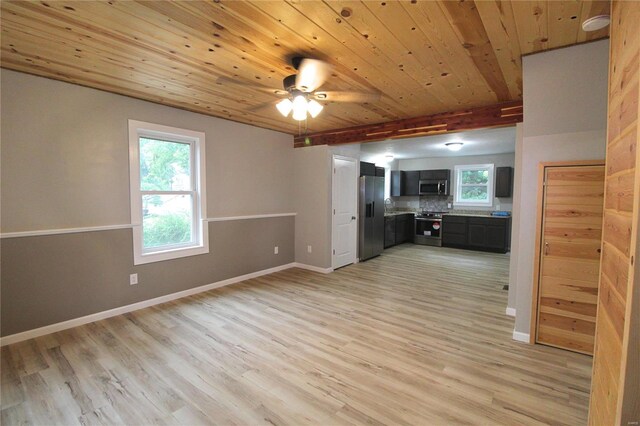 unfurnished living room featuring wood ceiling, ceiling fan, and light hardwood / wood-style floors