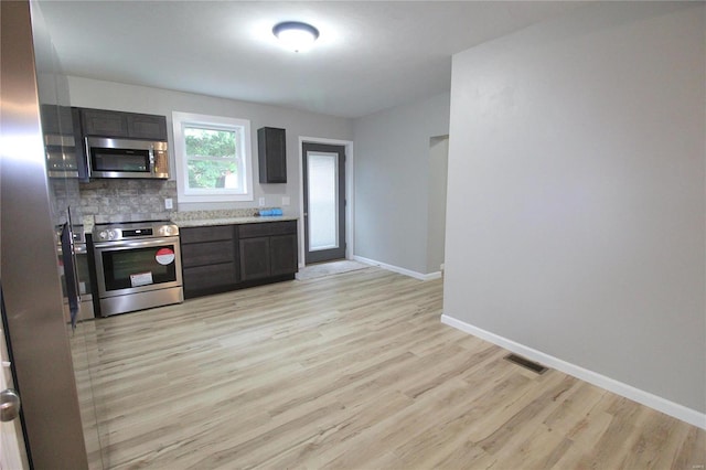 kitchen with dark brown cabinetry, decorative backsplash, light wood-type flooring, and stainless steel appliances