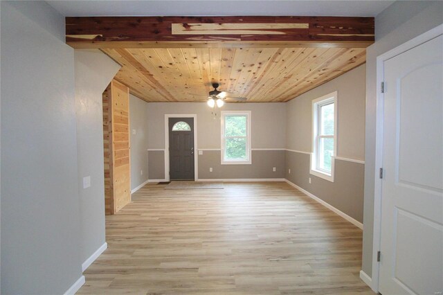 empty room featuring beam ceiling, wooden ceiling, light hardwood / wood-style flooring, and ceiling fan