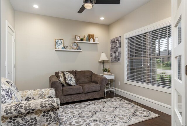 living room featuring ceiling fan and hardwood / wood-style floors