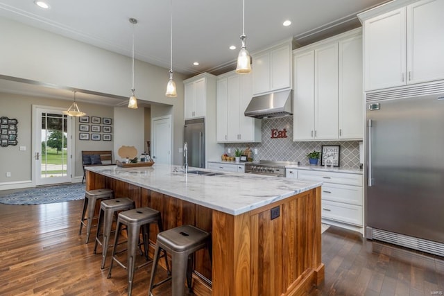 kitchen featuring high end appliances, wall chimney range hood, sink, dark hardwood / wood-style floors, and an island with sink