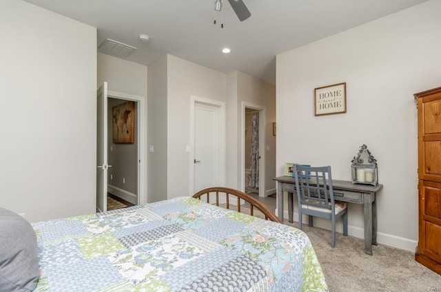 carpeted bedroom featuring ceiling fan