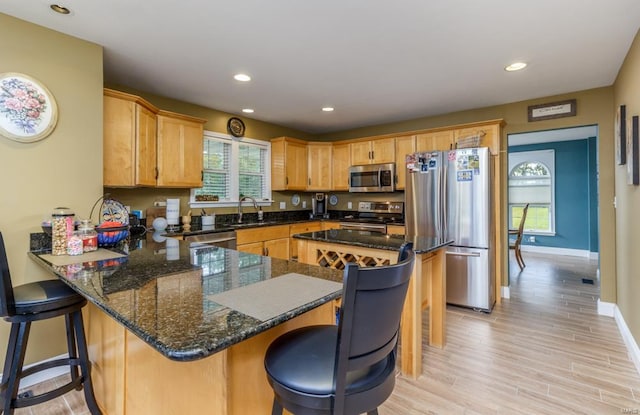 kitchen with light hardwood / wood-style floors, a wealth of natural light, kitchen peninsula, and stainless steel appliances