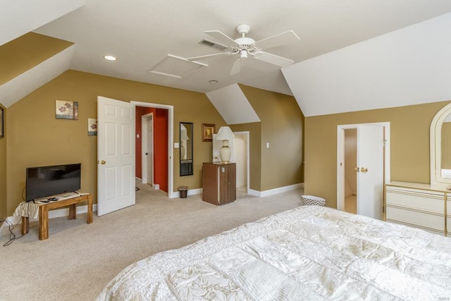 carpeted bedroom featuring lofted ceiling and ceiling fan