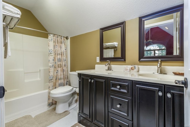 full bathroom with shower / tub combo, vaulted ceiling, double vanity, a textured ceiling, and toilet