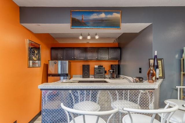 kitchen featuring dark brown cabinetry, kitchen peninsula, and stainless steel fridge