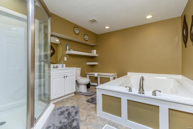 full bathroom with independent shower and bath, tile patterned floors, toilet, and vanity