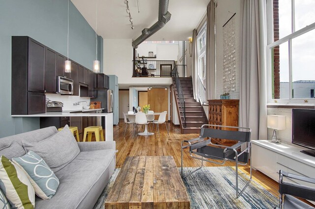 living room featuring rail lighting, a high ceiling, and light wood-type flooring