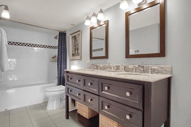 full bathroom with shower / bathtub combination with curtain, vanity, tile patterned floors, and toilet