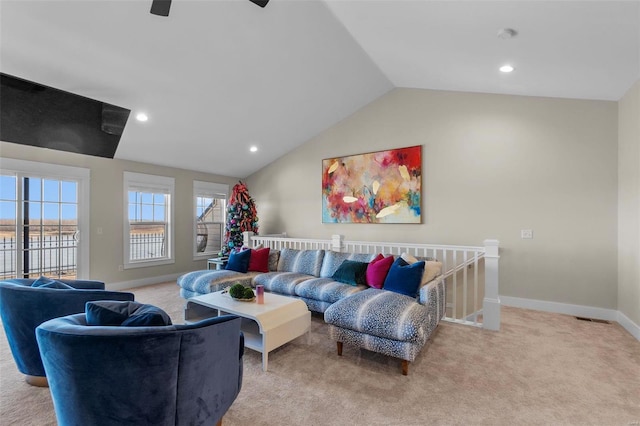 living area with carpet floors, recessed lighting, vaulted ceiling, and baseboards