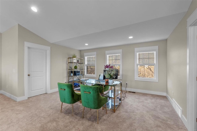 carpeted dining space featuring recessed lighting, visible vents, vaulted ceiling, and baseboards