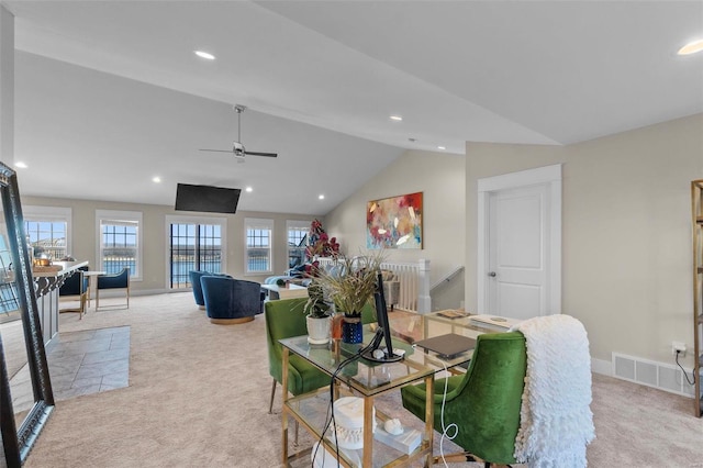 dining room with recessed lighting, light carpet, visible vents, baseboards, and vaulted ceiling