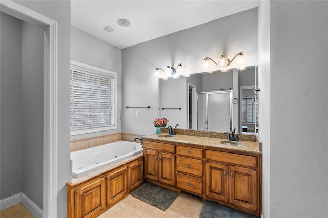 bathroom with separate shower and tub, tile patterned flooring, and double vanity