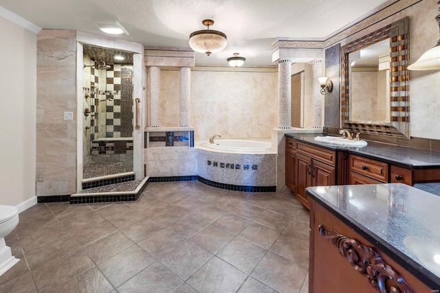 full bathroom with vanity, shower with separate bathtub, crown molding, toilet, and tile patterned flooring