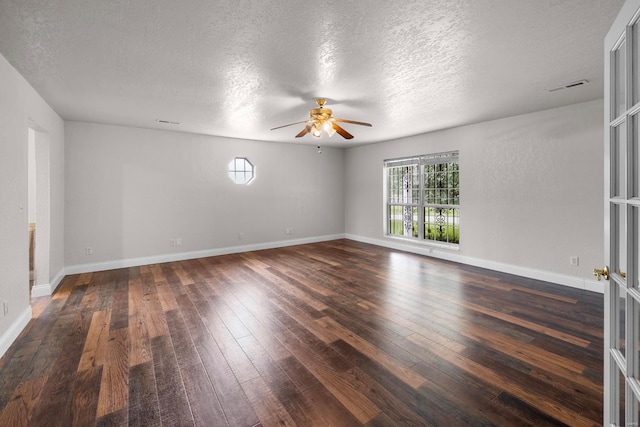 unfurnished room with hardwood / wood-style flooring, a textured ceiling, and ceiling fan