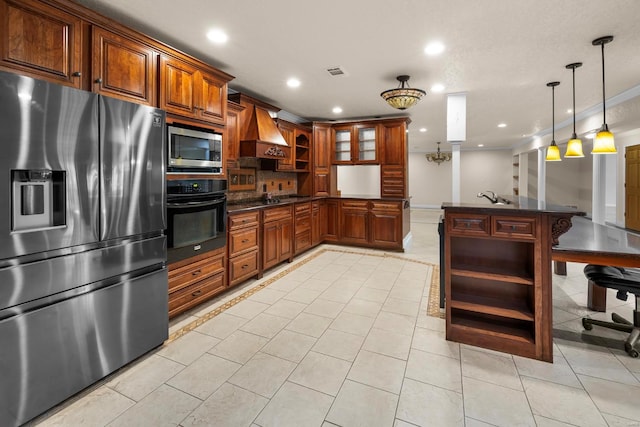 kitchen featuring appliances with stainless steel finishes, dark stone counters, hanging light fixtures, light tile patterned floors, and custom exhaust hood