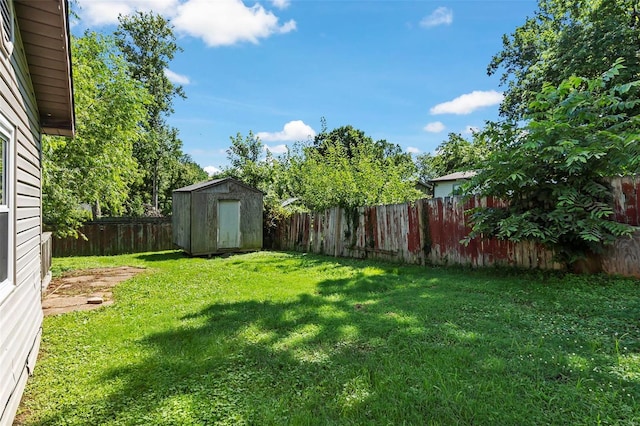 view of yard featuring a storage shed