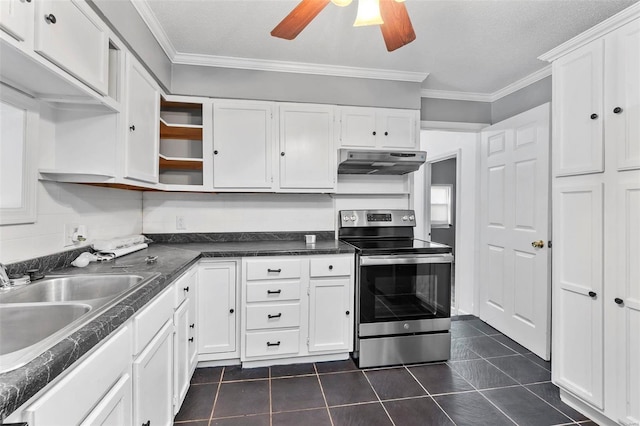 kitchen with crown molding, sink, stainless steel electric range oven, dark tile patterned floors, and white cabinetry