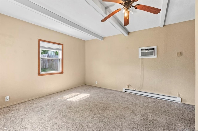 unfurnished room with beam ceiling, ceiling fan, a baseboard radiator, a wall unit AC, and carpet floors