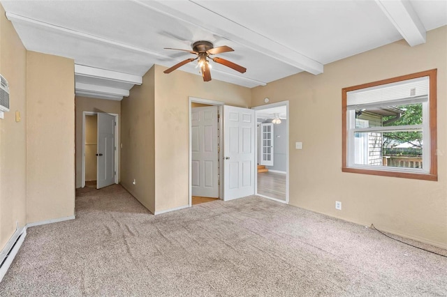 unfurnished bedroom featuring baseboard heating, ceiling fan, beamed ceiling, and light colored carpet