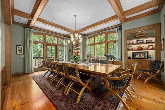 dining area featuring coffered ceiling, light wood-type flooring, a chandelier, and a healthy amount of sunlight