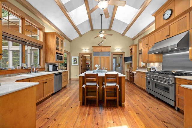 kitchen featuring ceiling fan, a skylight, appliances with stainless steel finishes, and light hardwood / wood-style flooring