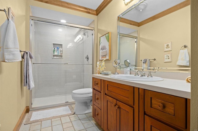 bathroom featuring vanity, toilet, ornamental molding, tile patterned flooring, and a shower with door