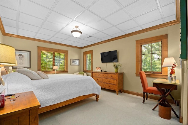 bedroom with multiple windows, light colored carpet, and crown molding