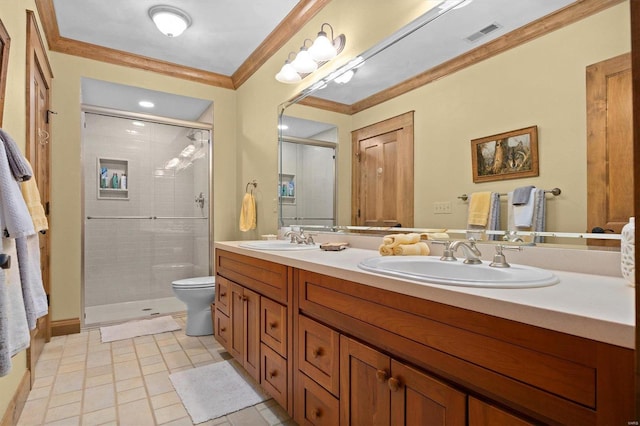 bathroom with vanity, toilet, tile patterned floors, and an enclosed shower