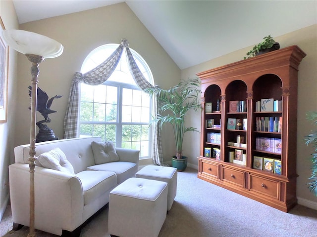 sitting room with carpet flooring and vaulted ceiling