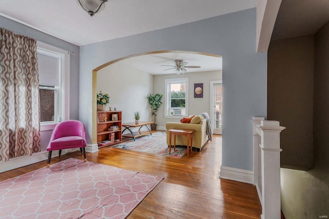 living room featuring ceiling fan and wood-type flooring