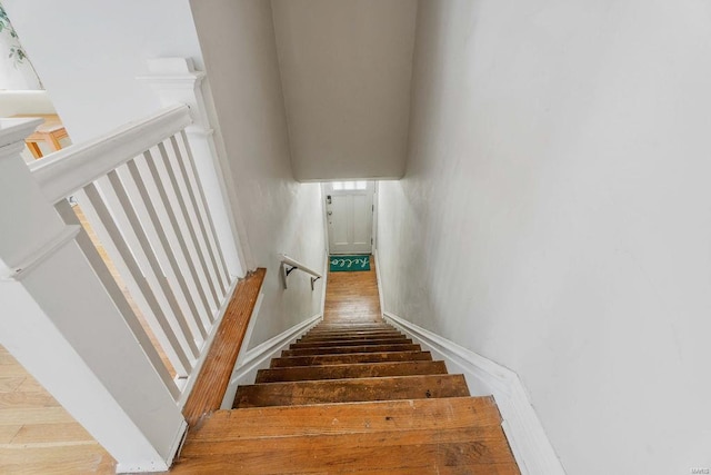 stairway with hardwood / wood-style flooring