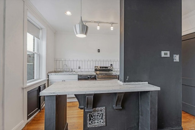 kitchen featuring electric range, a healthy amount of sunlight, pendant lighting, and light wood-type flooring