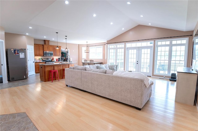 living room featuring sink, vaulted ceiling, french doors, and light wood-type flooring