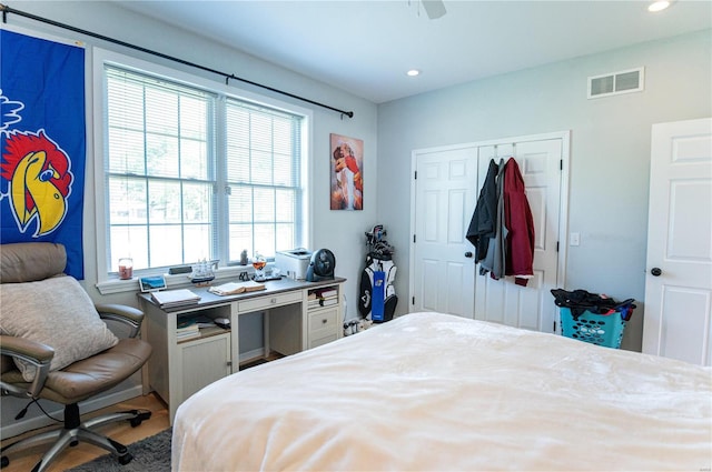 bedroom featuring a closet and ceiling fan