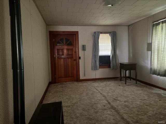 carpeted foyer featuring plenty of natural light and baseboards