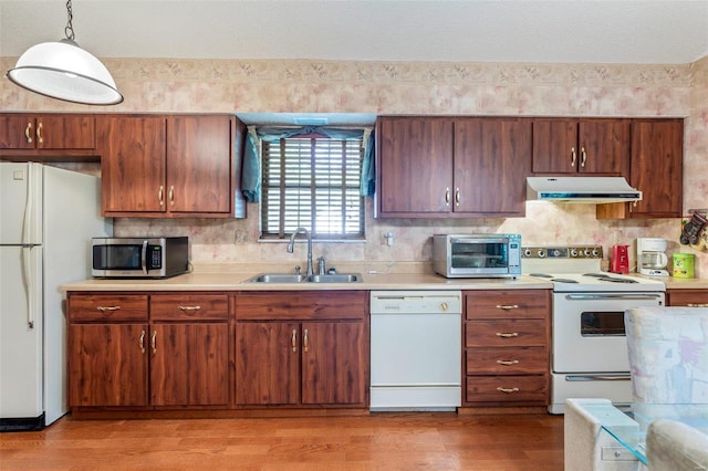 kitchen with hardwood / wood-style flooring, tasteful backsplash, sink, decorative light fixtures, and white appliances