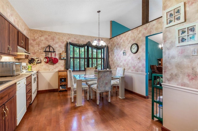 dining room featuring a textured ceiling, lofted ceiling, and dark wood-type flooring